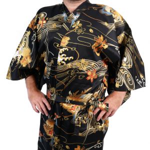 Yukata japonesa negra con dragón dorado de algodón para hombre - DORAGON