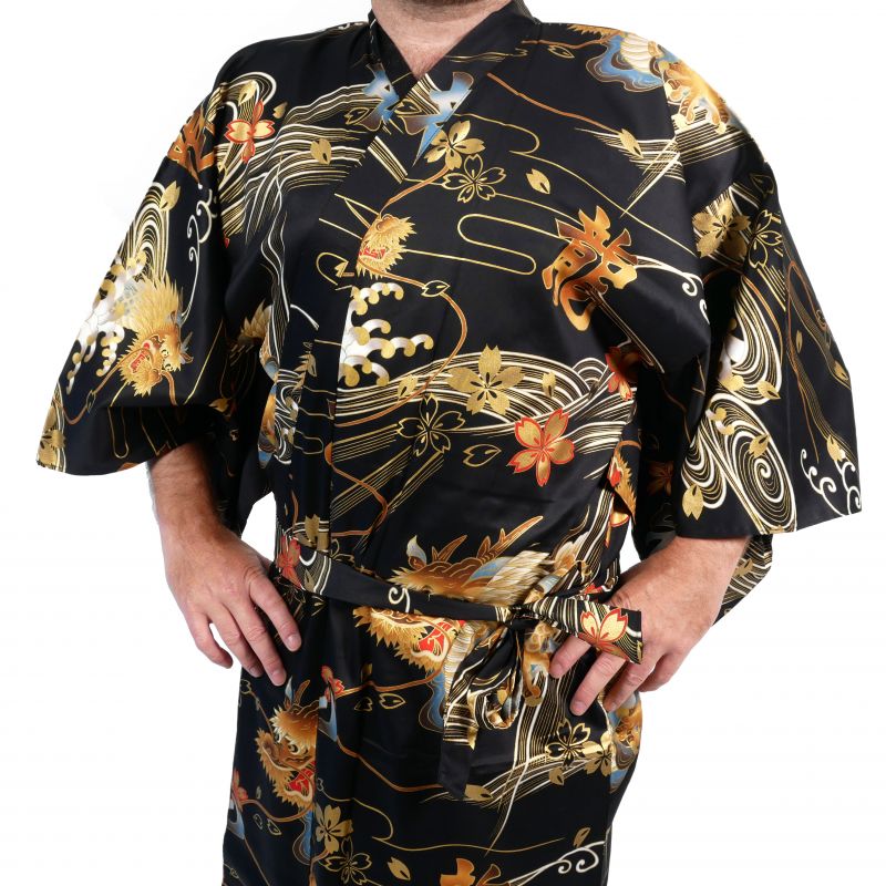 Yukata giapponese nero con drago dorato in cotone da uomo - DORAGON