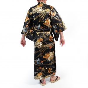 Black Japanese yukata with golden dragon in cotton for men - DORAGON