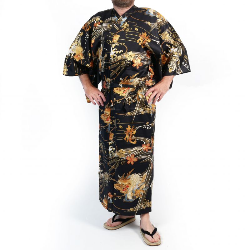 Schwarzer japanischer Yukata mit goldenem Drachen aus Baumwolle für Herren – DORAGON