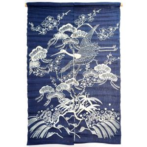 Tenda noren giapponese artigianale, blu indaco, 100% ramiè, MATSU TSURU