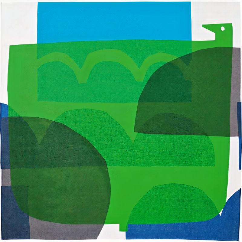 Furoshiki de algodón japonés, MASARU SUZUKI, verde, PÁJARO DE AGUA, 100 x 100 cm