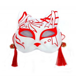 Demi-masque japonais chat blanc, noeud rouge, Akai yumi