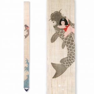 Feiner japanischer Wandteppich aus Hanf, handbemalt, KOINORI KINTARO, Kintaro Riding a Carp