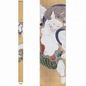 Feiner japanischer Wandteppich aus Hanf, handbemalt, FUJIN RAIJIN