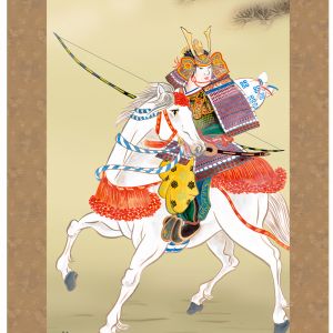 Japanese Kakemono Kakejiku, Samurai on his white horse - BUSHI