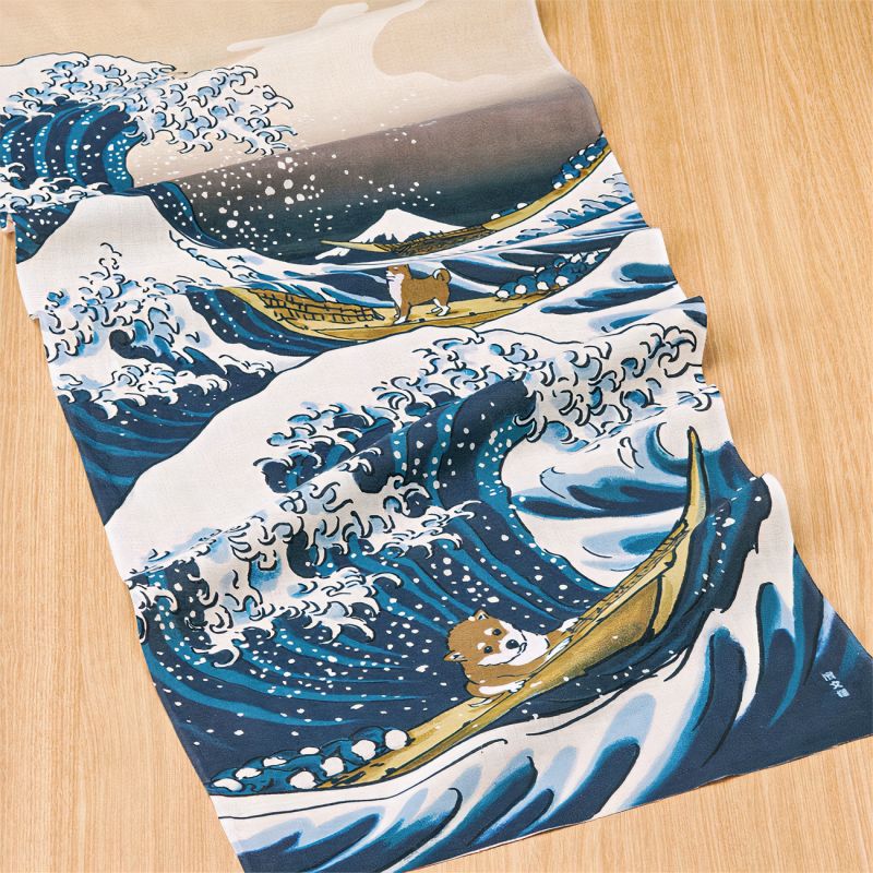 Baumwolltuch, TENUGUI,Hokusai, Mameshiba and Big Wave