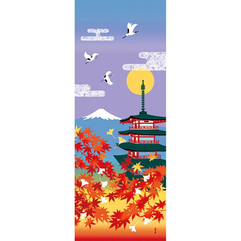 Cotton hand towel, TENUGUI, Autumn leaves, Five-story pagoda, Mount Fuji, AKI