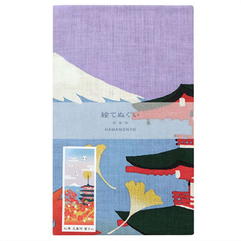 Cotton hand towel, TENUGUI, Autumn leaves, Five-story pagoda, Mount Fuji, AKI