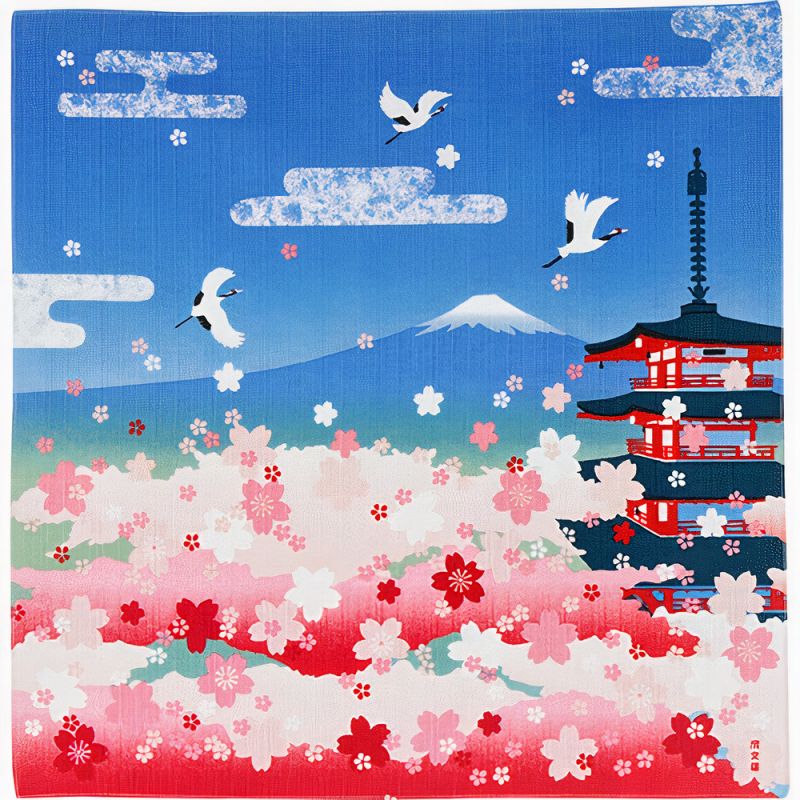 Furoshiki japonés para envolver Bento, flores de cerezo, pagoda de cinco pisos, Monte Fuji
