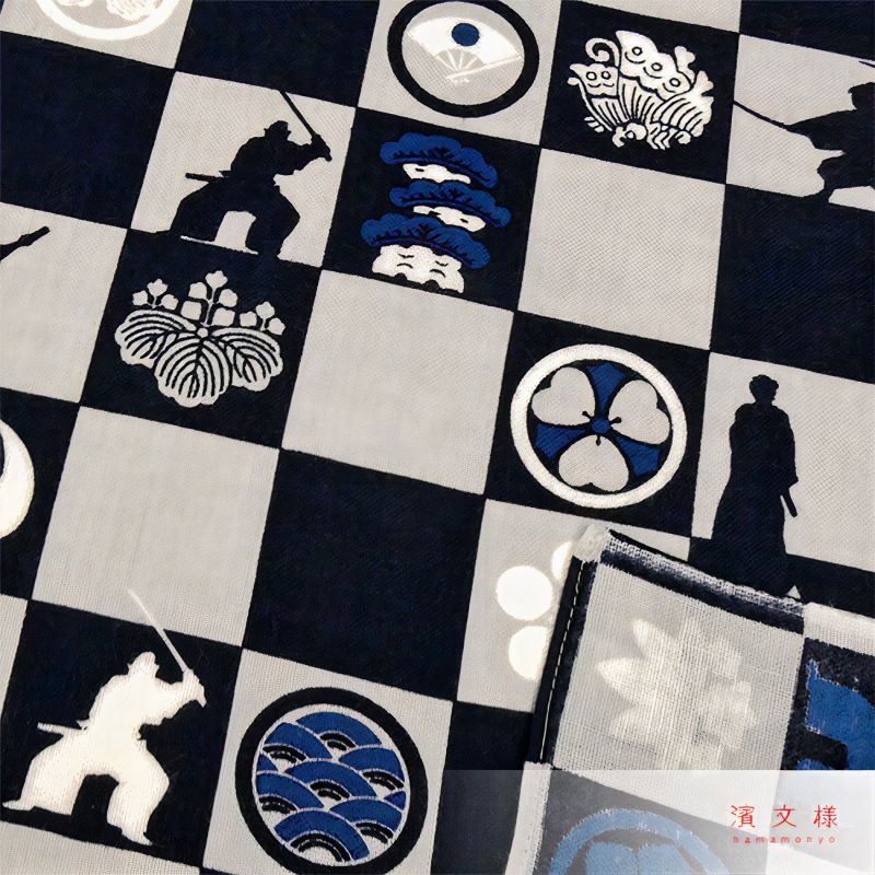 Japanese cotton handkerchief, gray checkered samurai badge, SAMURAI