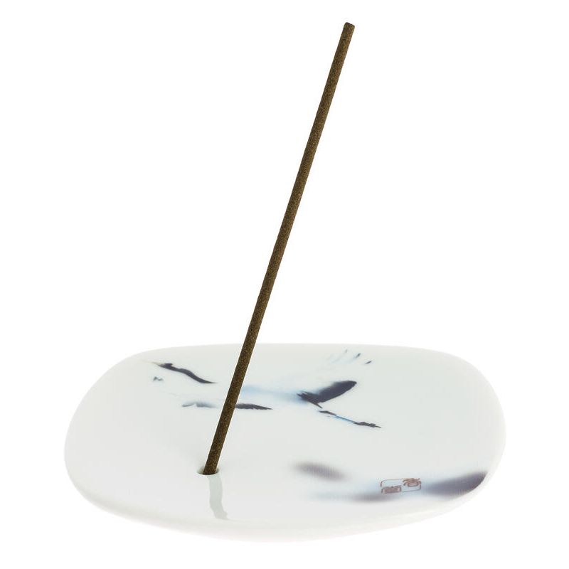 Japanese square ceramic incense holder, YUME TSURU, crane