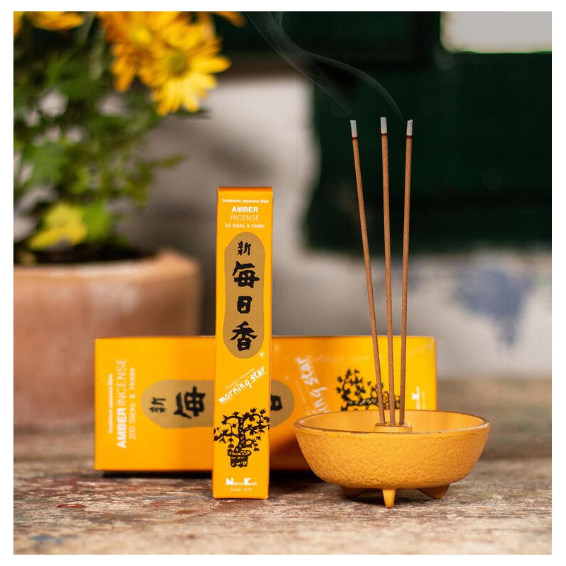 Boîte 50 bâtons d'encens japonais avec son support en céramique, MORNING STAR AMBER, parfum ambre