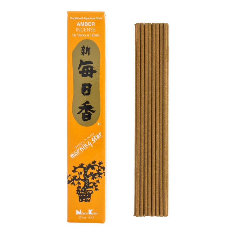 Boîte 50 bâtons d'encens japonais avec son support en céramique, MORNING STAR AMBER, parfum ambre