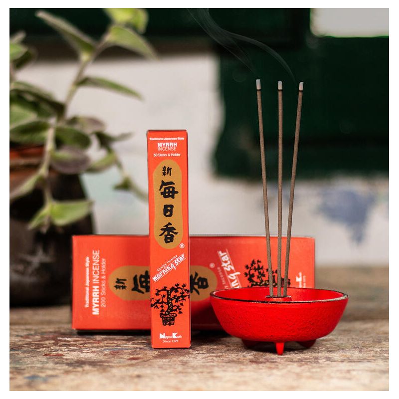 Boîte 50 bâtons d'encens japonais avec son support en céramique, MORNING STAR MYRRH, parfum Myrrhe