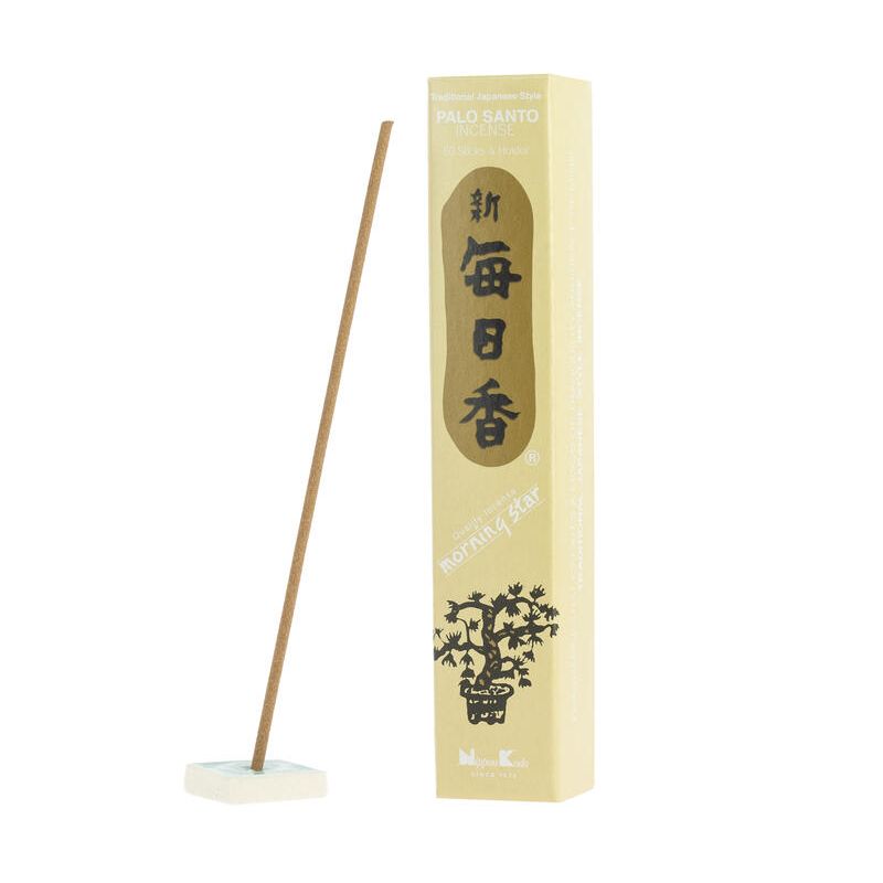 Caja de 50 varitas de incienso japonés con su soporte de cerámica, MORNING STAR PALO SANTO, fragancia palo santo