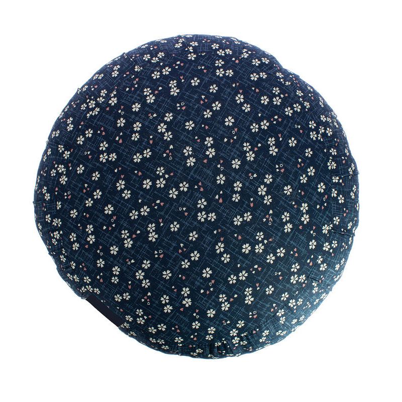 Coussin de méditation rond bleu motif fleurs de cerisier, ZAFU AO SAKURA, 33 cm