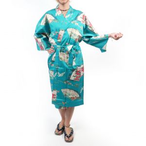 Kimono happi tradicional japonés de algodón turquesa con estampado de grullas para mujer, HAPPI YUKATA TSURU