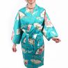 Traditional Japanese happi kimono in turquoise cotton with crane pattern for women, HAPPI YUKATA TSURU