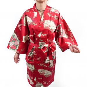 Kimono happi tradicional japonés de algodón rojo con estampado de grullas para mujer, HAPPI YUKATA TSURU