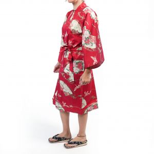 Traditional Japanese red cotton happi kimono with crane pattern for women, HAPPI YUKATA TSURU