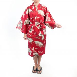 Kimono happi tradicional japonés de algodón rojo con estampado de grullas para mujer, HAPPI YUKATA TSURU