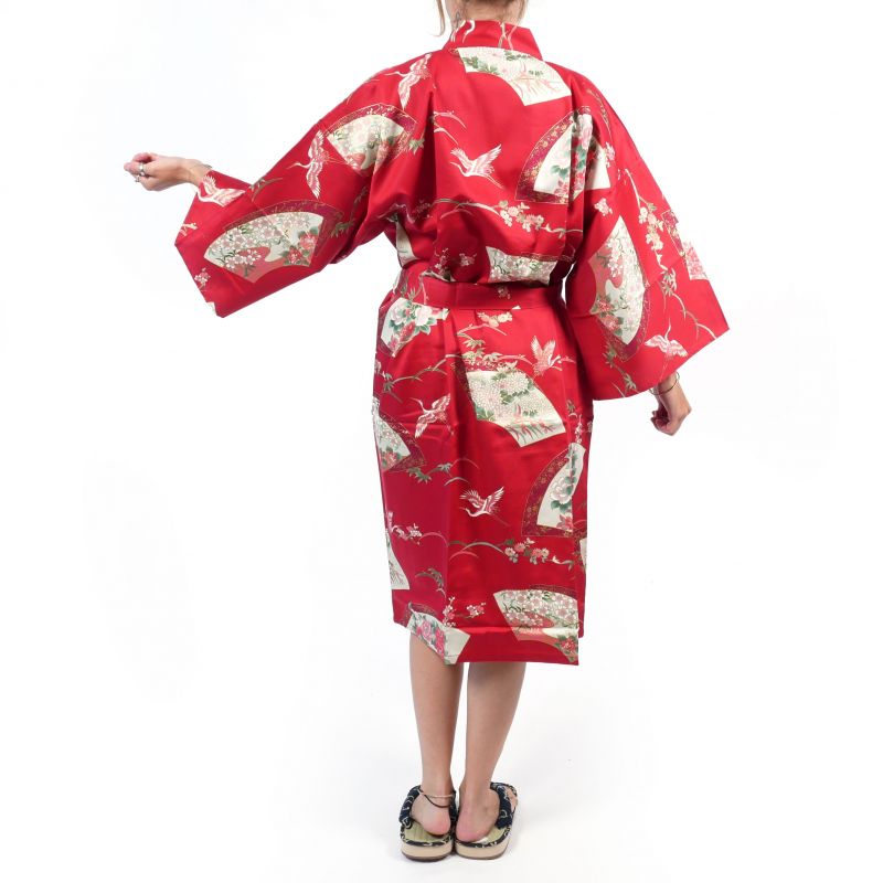 Kimono happi tradicional japonés de algodón rojo con estampado de grullas para mujer, HAPPI YUKATA TSURU