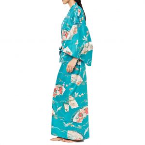 Traditioneller japanischer Yukata-Kimono aus türkisfarbener Baumwolle mit Kranichmuster für Damen, YUKATA TSURU