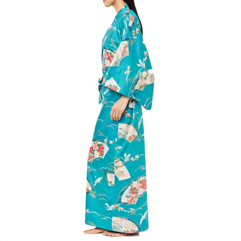 Traditional Japanese turquoise cotton yukata kimono with crane pattern for women, YUKATA TSURU