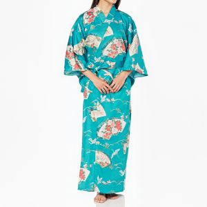 Kimono yukata tradicional japonés de algodón turquesa con estampado de grúas para mujer, YUKATA TSURU