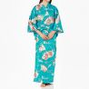 Kimono yukata tradicional japonés de algodón turquesa con estampado de grúas para mujer, YUKATA TSURU