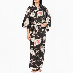 Kimono yukata tradicional japonés de algodón negro con estampado de grullas para mujer, YUKATA TSURU