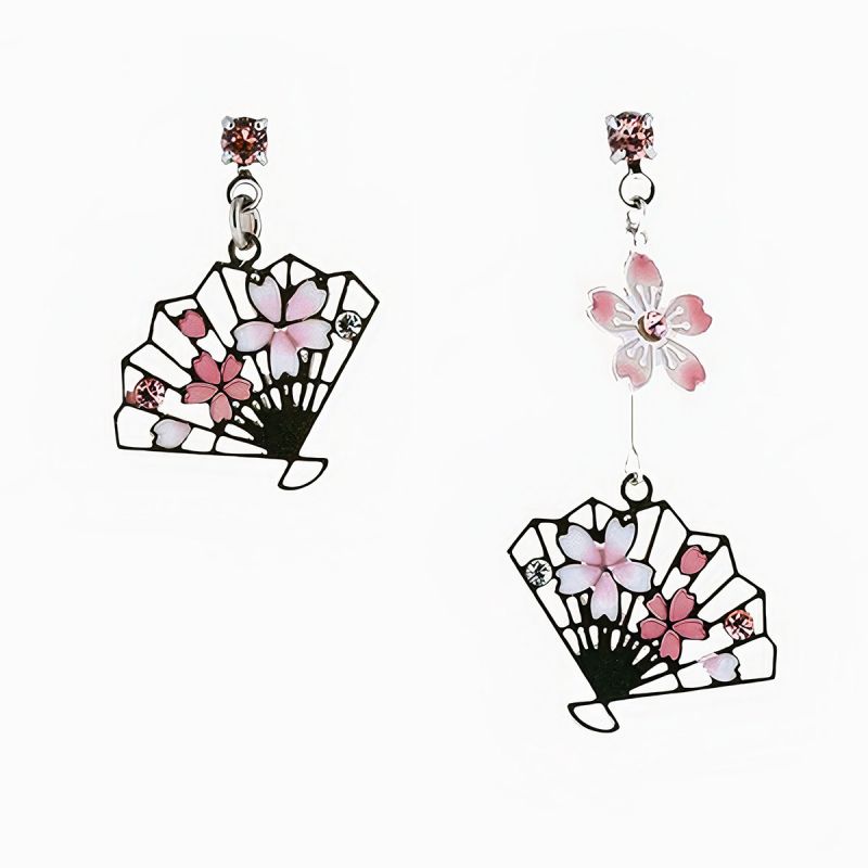 Boucles d'oreilles japonaises- Motif Fleurs de cerisier et éventails