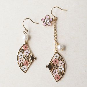 Japanese earrings - Cherry blossom and fan pattern with pearls.