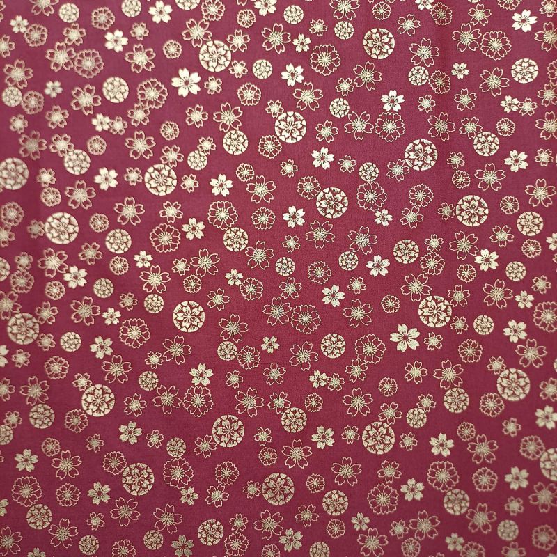 Tessuto rosso di cotone giapponese, motivo fiori di pruno, SAKURA, prodotto in Giappone larghezza 112 cm x 1 m