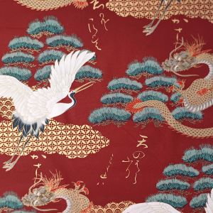 Tissu rouge/or japonais en coton, motif pin et dragon, RYU MATSU,fabriqué au Japon largeur 112 cm x 1m