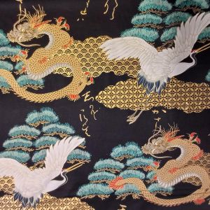 Tissu noir/or japonais en coton, motif pin et dragon, RYU MATSU,fabriqué au Japon largeur 112 cm x 1m