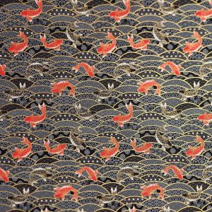 Tissu noir japonais en coton, motif carpe, NAMI Koï, fabriqué au Japon largeur 112 cm x 1m