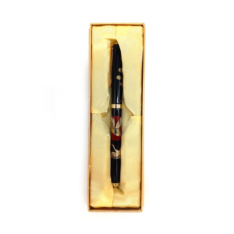 Stylo à bille japonais noir en résine dans un coffret motif Grue- TSURU