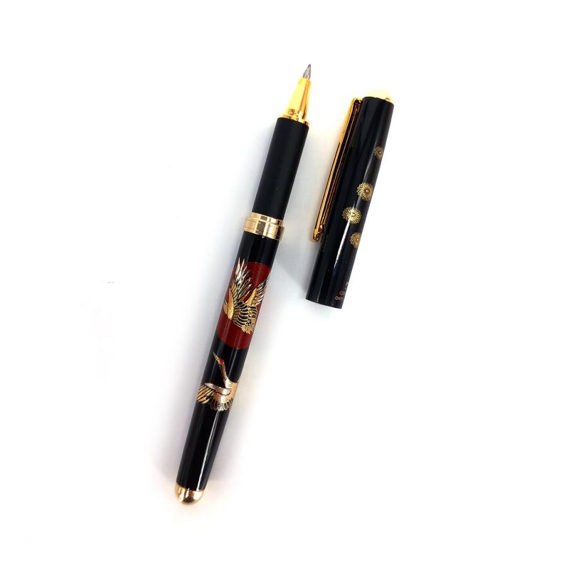 Stylo à bille japonais noir en résine dans un coffret motif Grue- TSURU