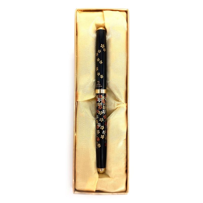 Stylo à bille japonais noir en résine dans un coffret motif fleurs de prunier- UME