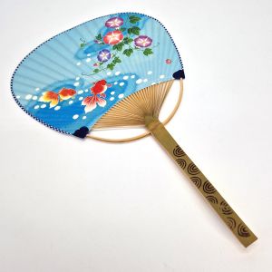 Abanico japonés uchiwa no plegable de papel y bambú con estampado de Ipomoea y peces de colores, 31x21,5 cm