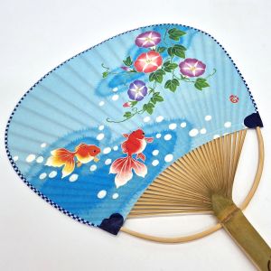 Abanico japonés uchiwa no plegable de papel y bambú con estampado de Ipomoea y peces de colores, 31x21,5 cm