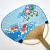 Japanese non-folding uchiwa fan in paper and bamboo Ipomoea and goldfish motif, 31x21.5 cm