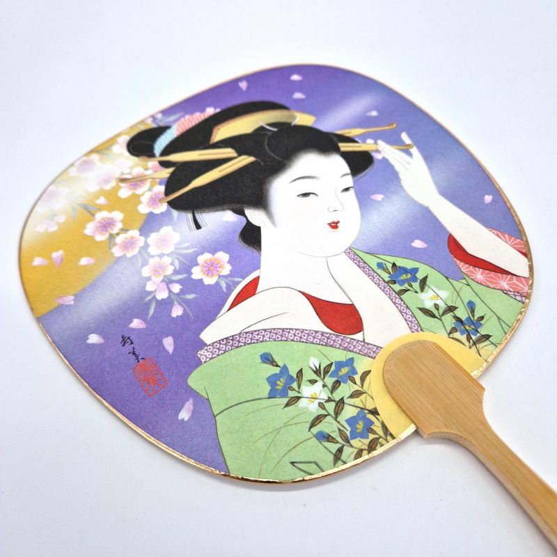 Japanischer, nicht faltbarer Uchiwa-Fächer mit Geisha-Muster aus Papier und Bambus, SUMI, 26 cm