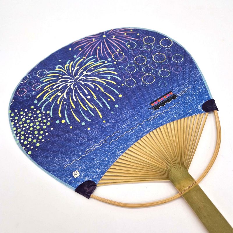 Japanese non-folding uchiwa fan in paper and bamboo with fireworks motif, HANABI, 38x24.5 cm