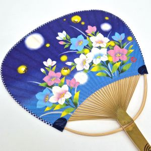 Abanico japonés uchiwa no plegable de papel y bambú con estampado de luciérnagas, HOTARU, 31x21,5 cm