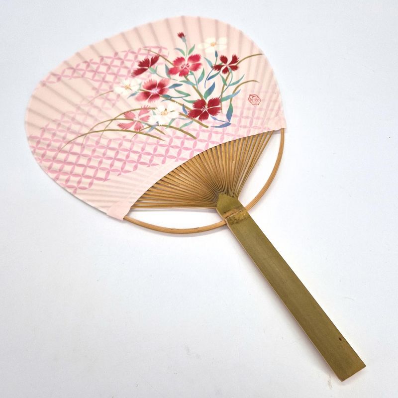 Japanischer, nicht faltbarer Uchiwa-Fächer aus Papier und Bambus mit Blumenmuster, HANA, 38 x 24,5 cm