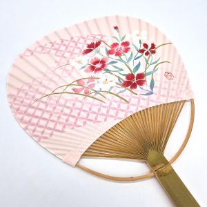 Japanese non-folding uchiwa fan in paper and bamboo with flower pattern, HANA, 38x24.5 cm