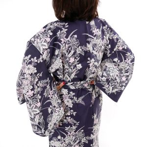 Kimono yukata tradicional japonés de algodón azul con estampado de flores de lirio para mujer, YUKATA YURI